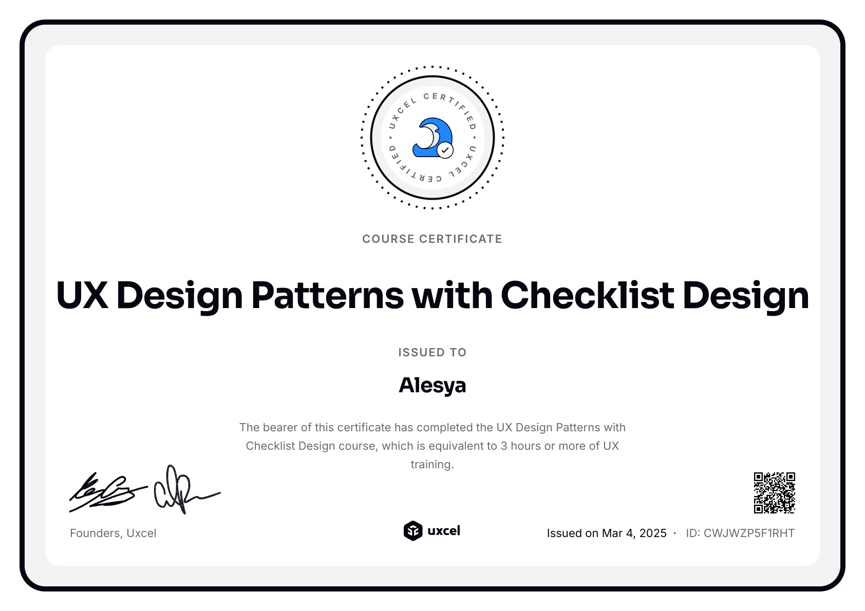 Alesya Dzenga's certificate